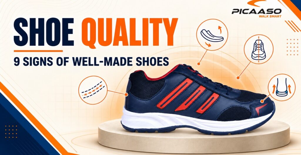 Shoe quality guide showing signs of well-made shoes including stitching, sole attachment, symmetry and finishing checks